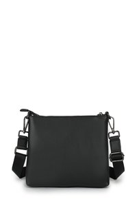 Borsa a tracolla in pelle nera con una forma rettangolare semplice, tracolla in tessuto regolabile e dettagli in metallo. Texture liscia.