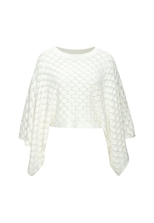 Weißer gestrickter Pullover mit weiten, fließenden Ärmeln und einem runden Ausschnitt mit einem geschwungenen Spitzenmuster.