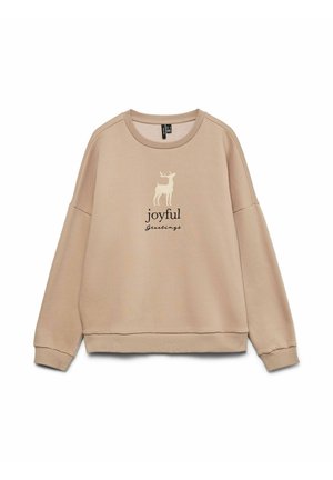 Světlý béžový svetr s klesajícími rameny, kulatým výstřihem a elastickými manžetami. Obsahuje krémový motiv jelena a černý text "radostné pozdravy".