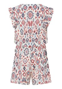 Combinaison à manches courtes en tissu léger, présentant un motif géométrique coloré avec des accents rouges, bleus et navy. Bords de manches à volants.