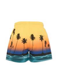 Szorty kąpielowe z gradientem kolorów od żółtego do niebieskiego, z czarnymi sylwetkami palm i kieszenią z tyłu.