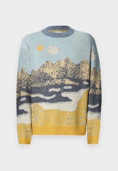 Neulepusero, jossa on vuoristomaisema design. Sinisen, keltaisen ja tummanharmaan sävyjä. Pyöreä pääntie ja keltaiset ribbireunat.