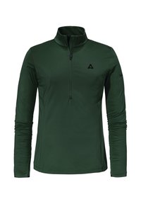 Grüner Langarmpullover aus glattem, elastischem Material mit hohem Kragen, halbem Reißverschluss auf der Vorderseite und Logo auf der Brust und dem Ärmel.