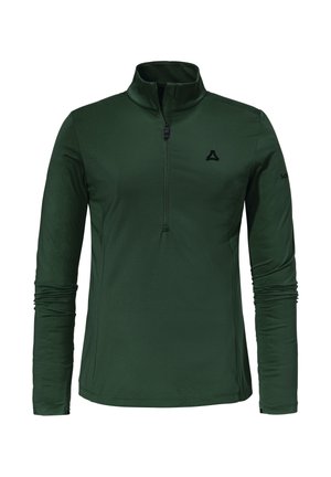 Grüner Langarmpullover aus glattem, elastischem Material mit hohem Kragen, halbem Reißverschluss auf der Vorderseite und Logo auf der Brust und dem Ärmel.