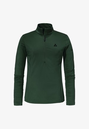 Grüner Langarmpullover aus glattem, elastischem Material mit hohem Kragen, halbem Reißverschluss auf der Vorderseite und Logo auf der Brust und dem Ärmel.
