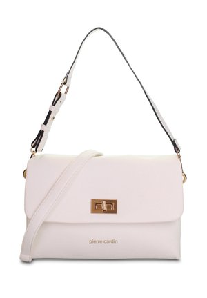 Witte leren schoudertas met verstelbare band, gouden draaiklep sluiting en "pierre cardin" logo in reliëf aan de voorkant.