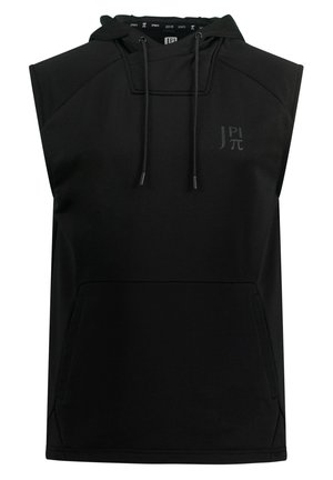 Black sleeveless hoodie made of soft fabric, featuring a front pocket, adjustable drawstring hood, and a subtle logo on the chest.