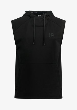 Sorte ærmeløs hoodie lavet af blødt stof, med en frontlomme, justerbar snorhætte og en diskret logo på brystet.