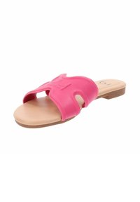 Sandal a scivolo rosa realizzata in materiale flessibile, con punta aperta e design con taglio dell'arco, dotata di una soletta beige liscia e una suola marrone.