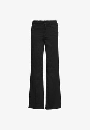 Černé zvonové kalhoty s hladkým povrchem, které mají přední kapsy, knoflíkový zip a poutka na opasek pro nastavitelné nošení.