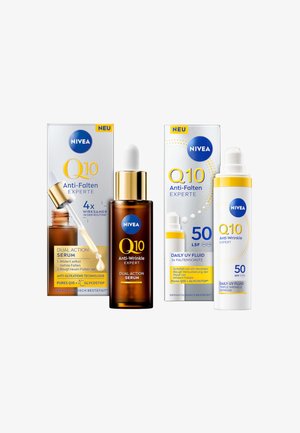 NIVEA Q10 Hautpflegeprodukte mit einer braunen Glasserumbottle, einem weißen Tropferdeckel und zwei weißen Tuben mit blauen und gelben Akzenten.