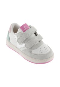 Baskets en cuir gris avec accents roses et menthe. Dotées de deux sangles Velcro et d'une partie perforée à l'avant pour la respirabilité. Semelle légère.