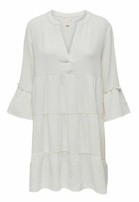 Witte tuniek van een gestructureerde stof, met een V-hals, driekwart mouwen met ruches en een gelaagd ontwerp.