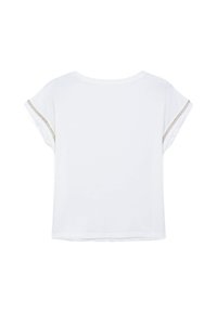 Top bianco a maniche corte con rifinitura dorata metallica lungo le cuciture delle spalle, caratterizzato da un colletto rotondo e una vestibilità comoda. Tessuto morbido.