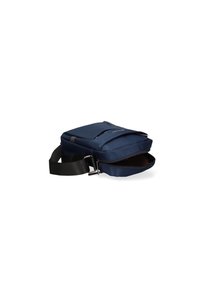 Borsa a tracolla blu navy realizzata in tessuto resistente, dotata di un compartimento principale con zip, tracolla regolabile e forma rettangolare elegante.