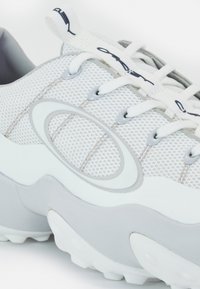 Hellgraue Sneaker mit Obermaterial aus Mesh, Gummisohle und Schnürung. Merkmale ein glattes, abgerundetes Design und kontrastierende, strukturierte Akzente.
