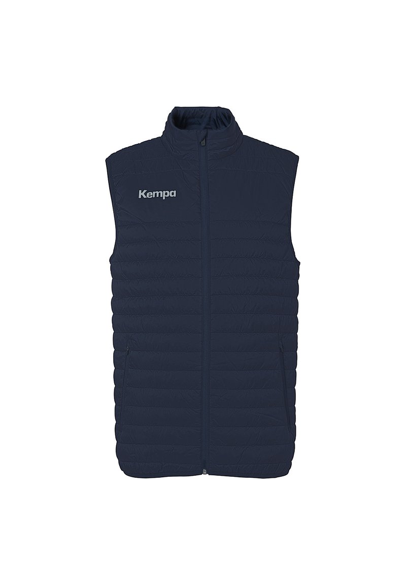Navyblauwe mouwloze puffer vest met een hoge kraag, gesteppelijk ontwerp, merklogo op de linkerkant van de borst en ritszakken aan de voorkant.