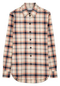 Camicia a maniche lunghe da uomo in tartan realizzata in tessuto morbido, con motivi a quadri crema, blu navy e arancione, apertura con bottoni e taschino sul petto.