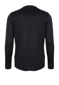 Černá dlouhá rukávová košile vyrobená z hladké, lehké látky. Má kulatý výstřih a přiléhavé manžety. Žádné viditelné vzory nebo akcenty.