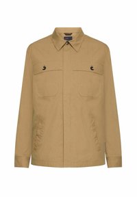 Tan button-up jakke lavet af letvægtsstof, med to brystlommer, sidelommer og en lige kant med krave.