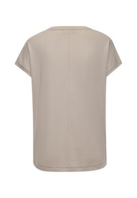 Hellbeige T-Shirt mit kurzen Ärmeln, rundem Ausschnitt und geradem Schnitt. Glatte Textur mit einem subtilen Nahtdetail auf der Rückseite.