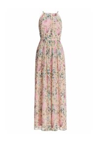 Robe longue sans manches à col licou, imprimé floral pastel, taille cintrée, s'évasant jusqu'aux chevilles.