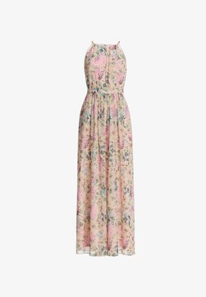 Vestido maxi sin mangas con cuello halter, estampado floral en tonos pastel y cintura ceñida, que fluye hasta los tobillos.