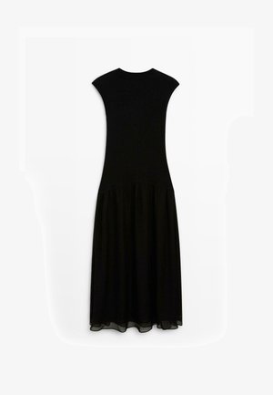 Black dress with a fitted top and flared chiffon skirt. The dress features short cap sleeves and a smooth texture throughout.