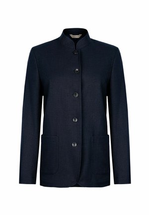 Marineblauer, strukturierter Blazer mit fünf Knöpfen, Stehkragen, langen Ärmeln und zwei aufgesetzten Fronttaschen.