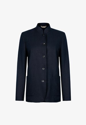 Marineblå tekstureret blazer med fem knapper, stående krave, lange ærmer og to forlommer.