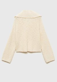 Kort stickad cardigan i off-white, med en bred krage och långa ärmar av ett texturerat tyg. Enkel design utan utsmyckningar.
