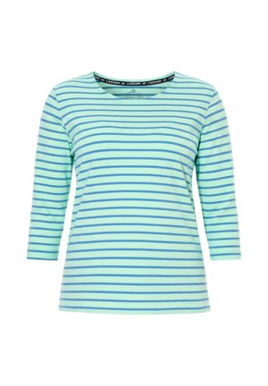 Camisa de manga larga a rayas en azul claro y turquesa, con cuello redondo y mangas tres cuartos.