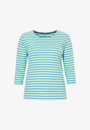 Maglietta a maniche lunghe a righe celesti e turchesi con scollo rotondo e maniche a tre quarti.