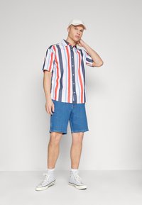 Camicia a maniche corte con bottoni, a righe verticali rosse, blu e bianche, abbinata a pantaloni corti in denim e sneakers alte grigie. Indossata una cappellino bianco.