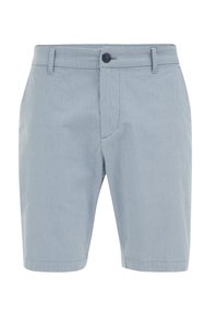Helle blaue Shorts aus geripptem Stoff, mit einer Knopfleiste, Gürtelschlaufen und seitlichen Taschen. Einfaches, klassisches Design.