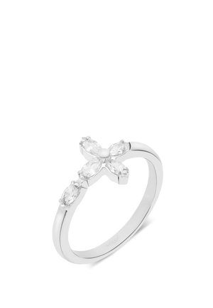 Silberner Ring mit vier klarsichtigen, marquiseförmig geschliffenen Edelsteinen, die kreuzförmig auf einem dünnen Band angeordnet sind.