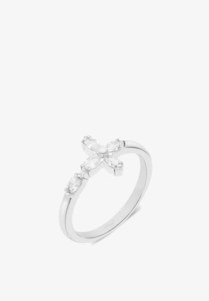 Silberner Ring mit vier klarsichtigen, marquiseförmig geschliffenen Edelsteinen, die kreuzförmig auf einem dünnen Band angeordnet sind.