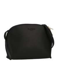 Black leather bag with a rounded shape, gold zipper, and embossed logo. Features a single strap for easy carrying. Smooth texture.