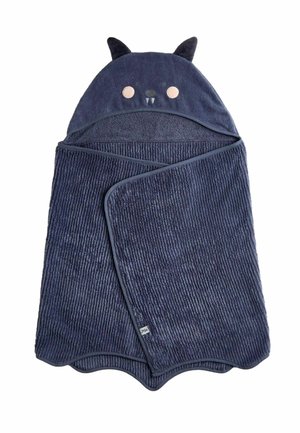 Marineblaues Babyhandtuch mit Kapuze, Tiergesicht, Ohren und Fangzähnen, aus weichem Rippstoff, flach liegend mit einer umgeklappten Ecke.