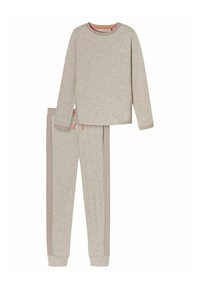 Helle graue Baumwoll-Loungewear-Set bestehend aus einem Langarmoberteil und passender Hose mit gerippten Seiteneinsätzen und oransem Kordelzug.