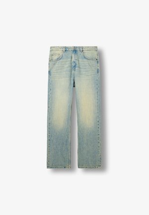 Light blue denim jeans with a straight-leg design, featuring five pockets, a faded finish, and stitching along the seams.