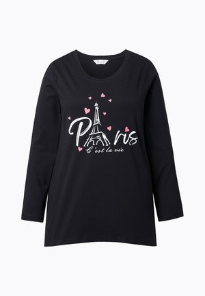 T-shirt nero a maniche lunghe con grafica della Torre Eiffel, cuori rosa e la scritta "Paris C'est la vie." Realizzato in tessuto morbido.