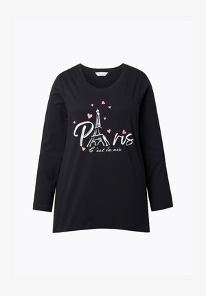 Czarna koszulka z długim rękawem z grafiką wieży Eiffla, różowymi sercami oraz napisem "Paris C'est la vie." Wykonana z miękkiego materiału.