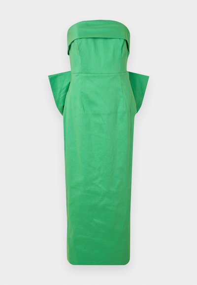 Zaļš bezplecu kleita ar strukturētu augšdaļu un plašām piedurknēm. Izgatavota no gludas auduma ar vienkrāsainu dizainu, ar taisnu siluetu.