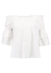 Weiße schulterfreie Bluse mit Rüschchenkurzärmeln, gerafftem Halsauschnitt und strukturiertem Stoff. Einfaches, lockeres Design.