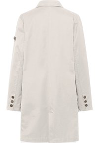 Lichtbeige jas met een kraag, lange mouwen en vijf bruine knopen op de manchetten. Glad materiaal en een rechte silhoette. Eenvoudig ontwerp aan de achterkant.