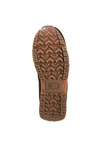 Brown rubber outsole with deep traction patterns, textured surface, and a logo. Smooth black upper material with reinforced edges.