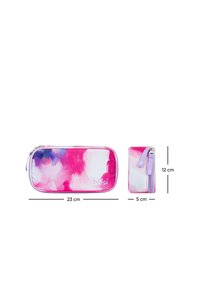 Set di due astucci in un motivo acquarellato rosa e viola. Realizzati in tessuto, l'astuccio più grande misura 23 cm x 12 cm, mentre il più piccolo 5 cm x 12 cm.