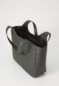 Gray tote bag with a textured pattern, dual handles, and an open top, featuring a smooth inner lining and minimalist design.