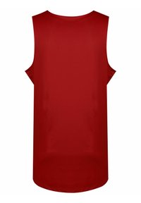 Rotes ärmelloses Sport-Tanktop aus strukturiertem Stoff, mit Rundhalsausschnitt und einem lockeren Schnitt, versehen mit seitlichen Schlitzen für bessere Bewegungsfreiheit.
